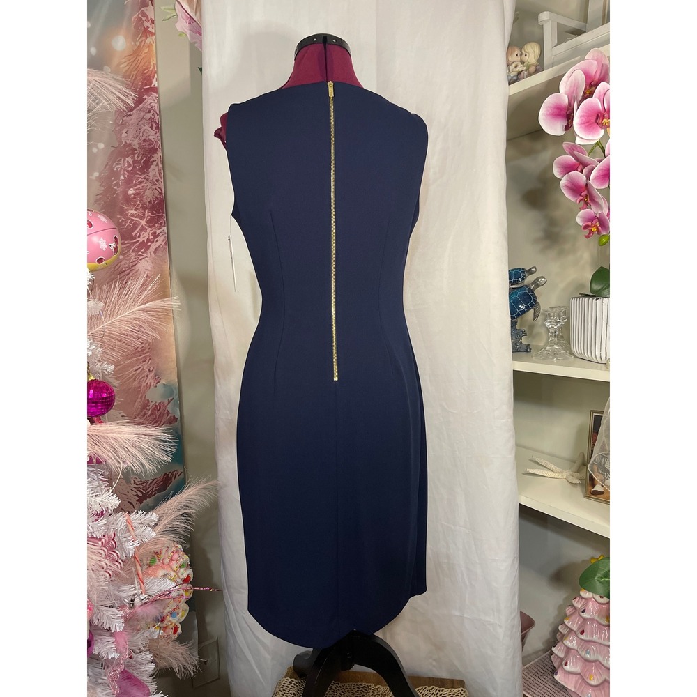 DKNY Sheath Dress Women 4 Navy Blue Good Faux Wrap Gold Buckle DD6ACH15 - Picture 3 of 6